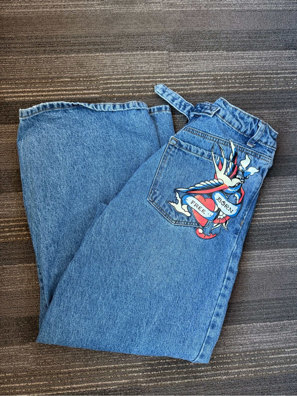 Ed Hardy Wide Leg Jeans Blue Denim Logo Print Y2K Streetwear Mens 30